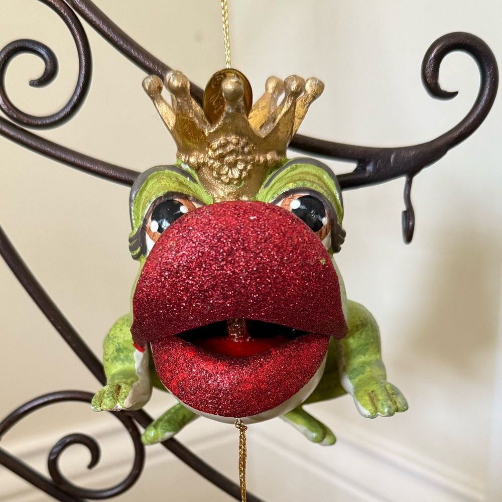 Frog Prince Ornament with Glitter Lips and engagement ring.